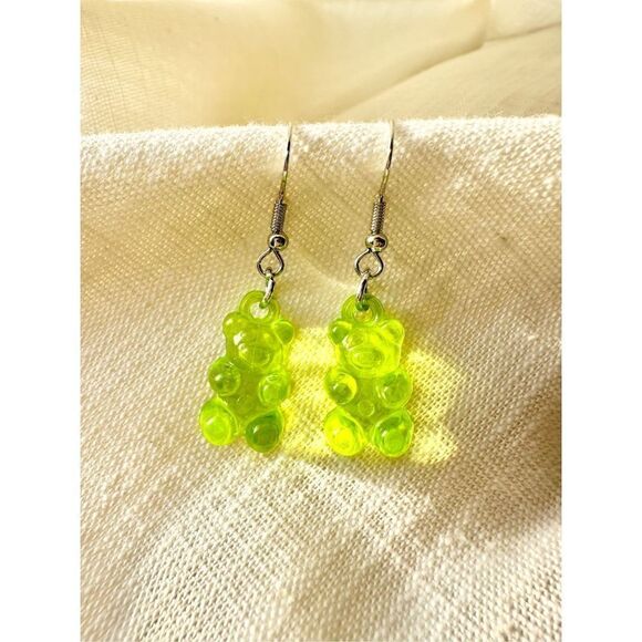 Lime green acrylic gummy bear dangly earrings - Picture 1 of 3